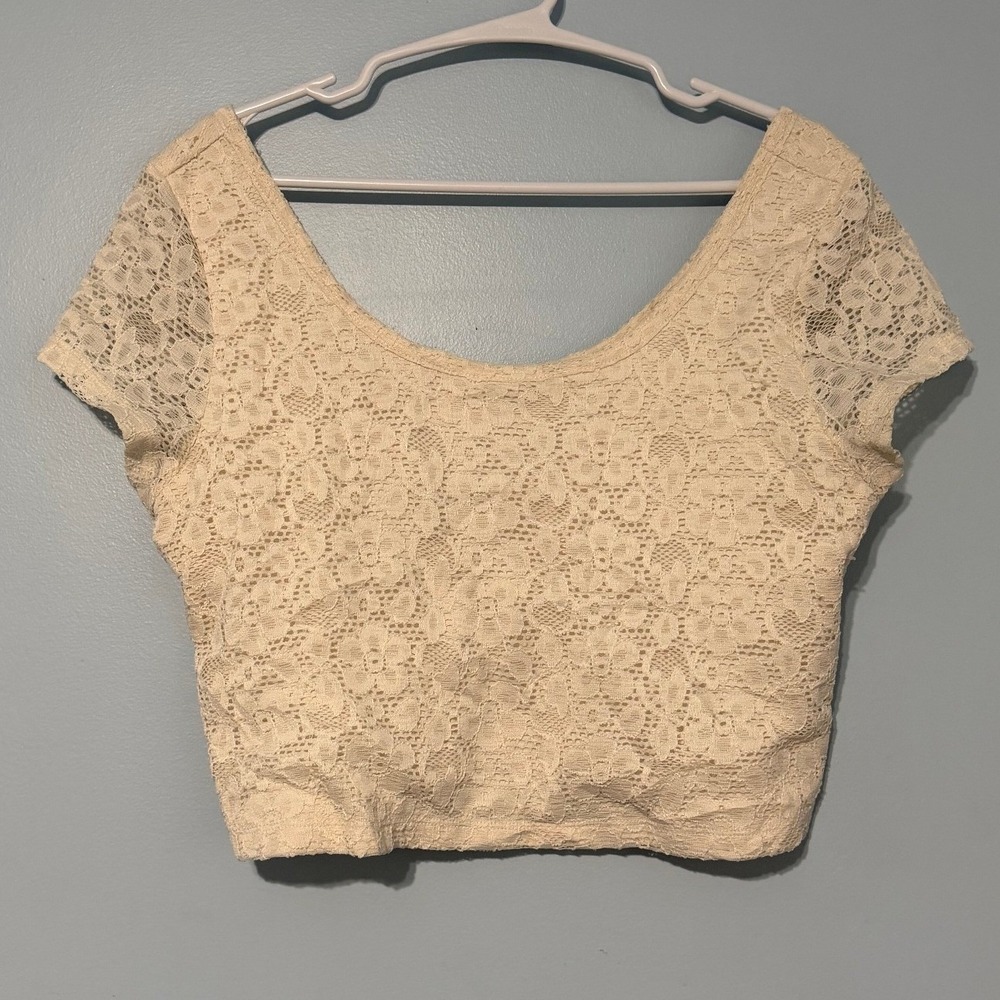 Mossimo Supply Co XL Cream Floral Lace Crop Top Short Sleeve Scoop Neck 1002‎